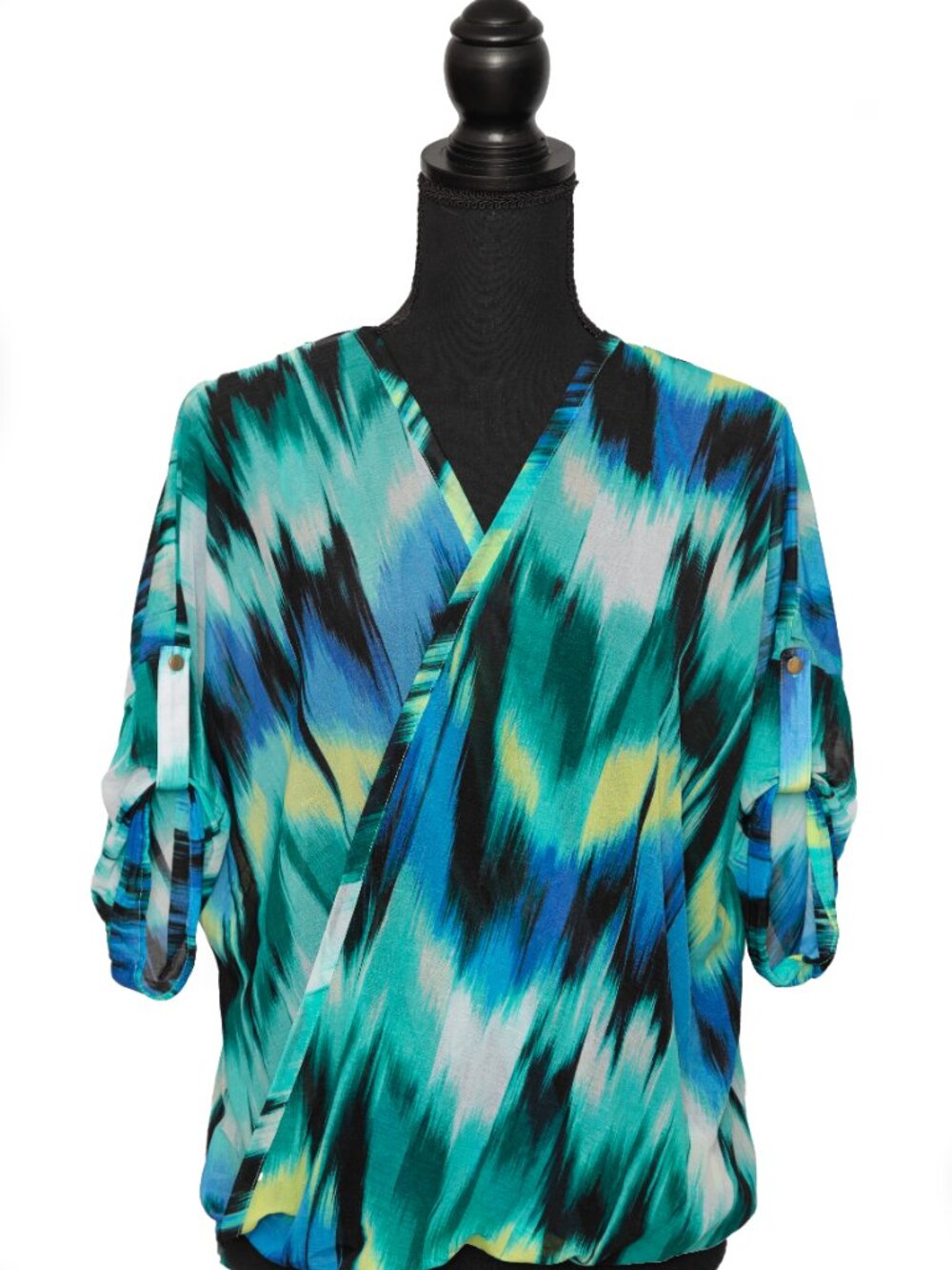 Jennifer Lopez Abstract Print Wrap Blouse 3/4 Sleeve Teal Blue Black/Medium